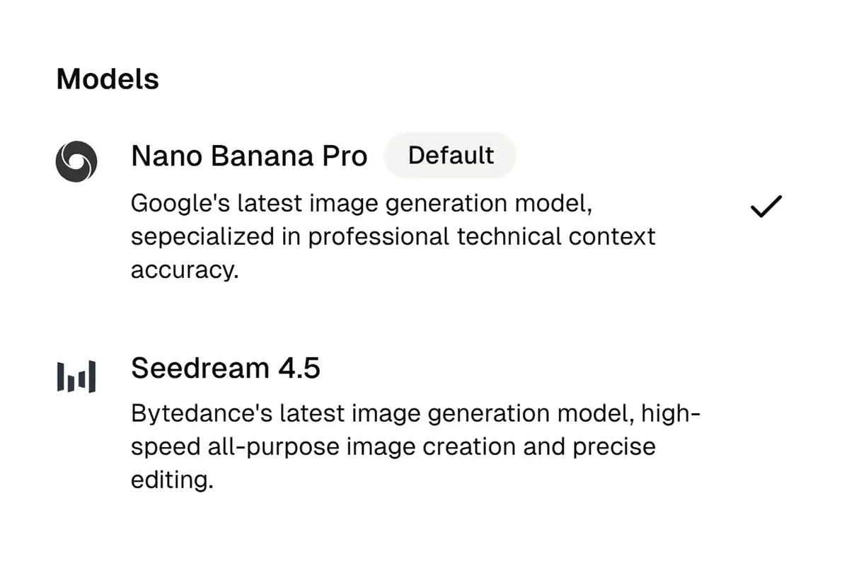 AI model selection interface for generating architectural renders