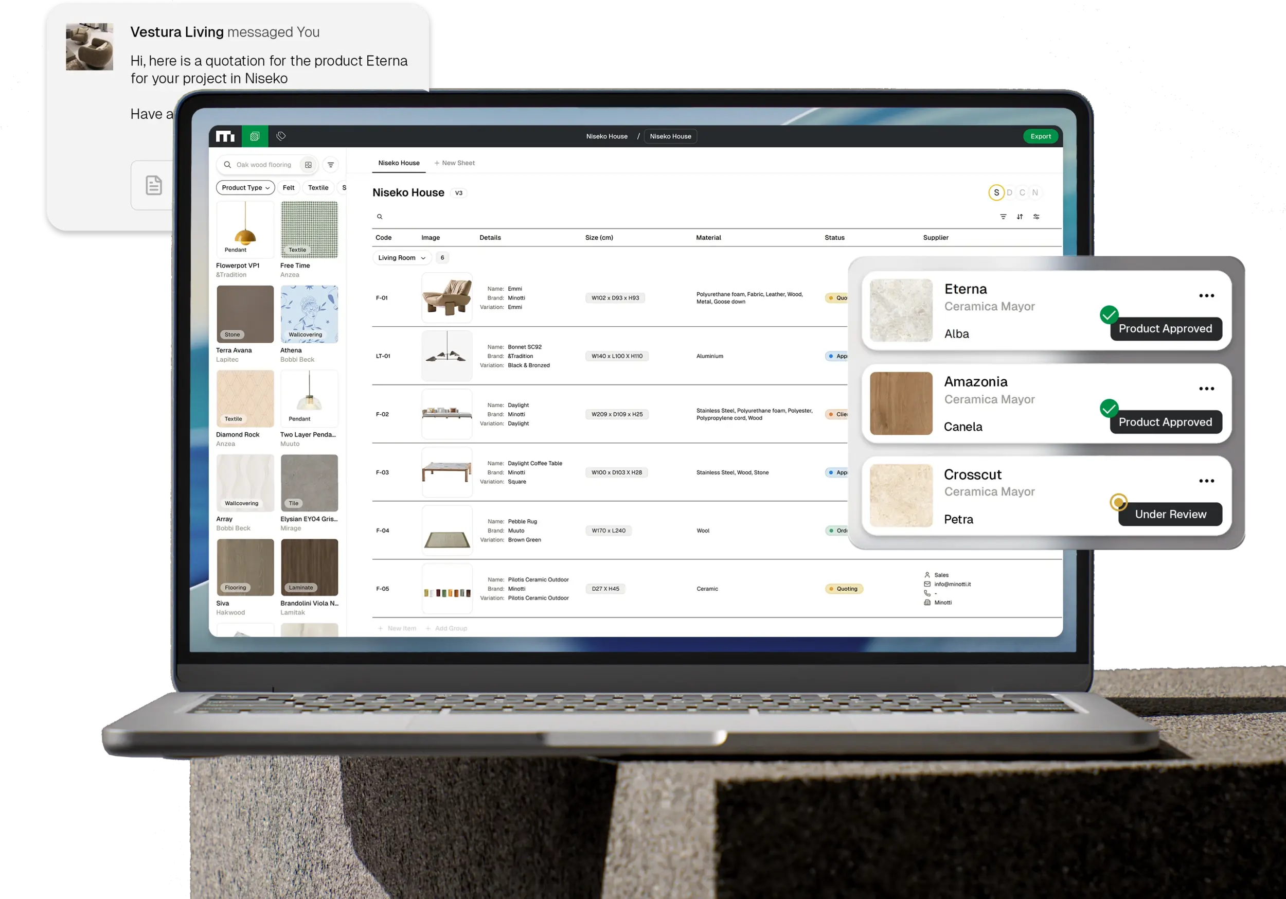 Product panel with detailed product information for each material ready for designers