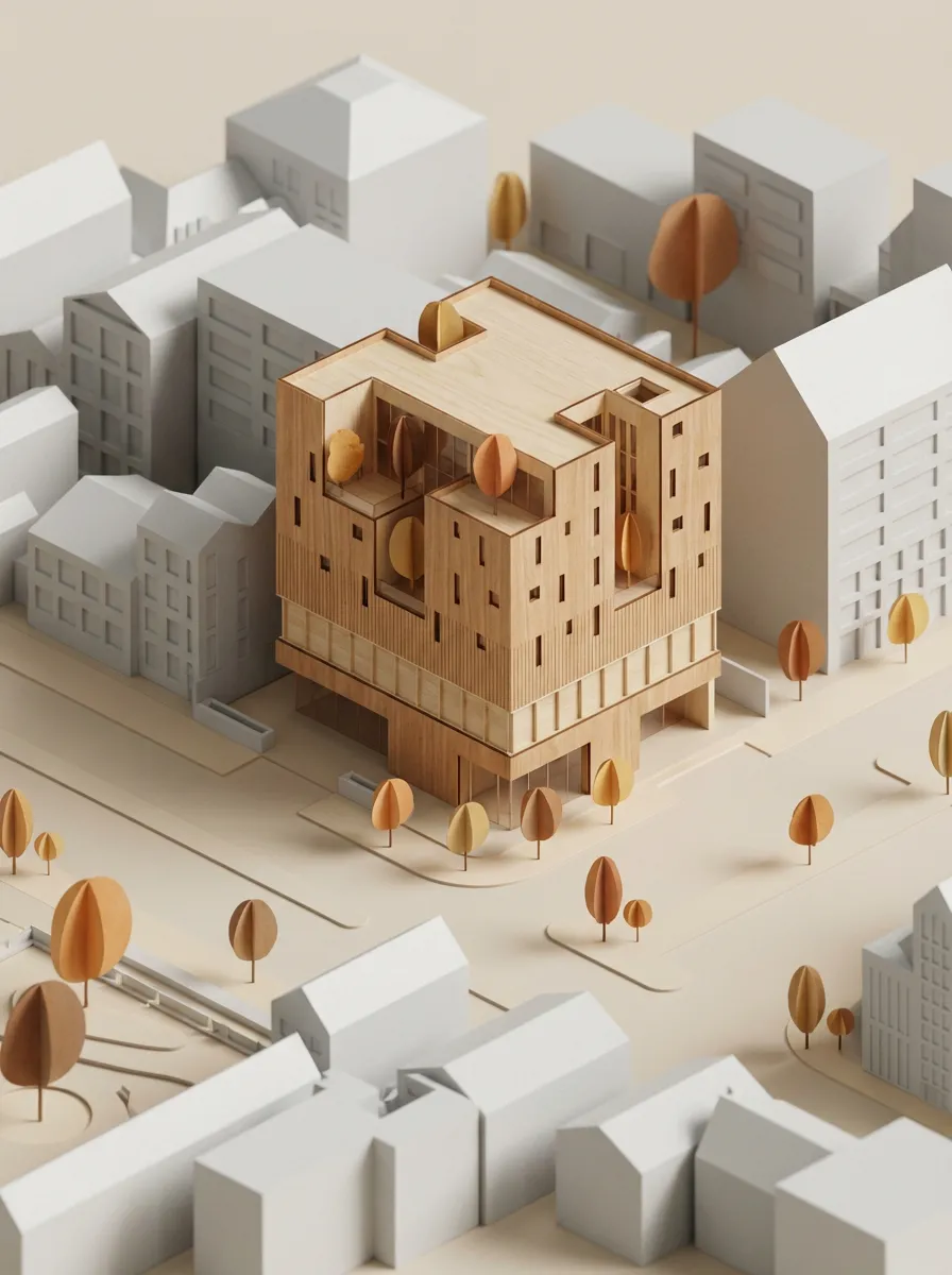Transform the image to the physical model style in the reference image.  Keep the design of the building unchanged.