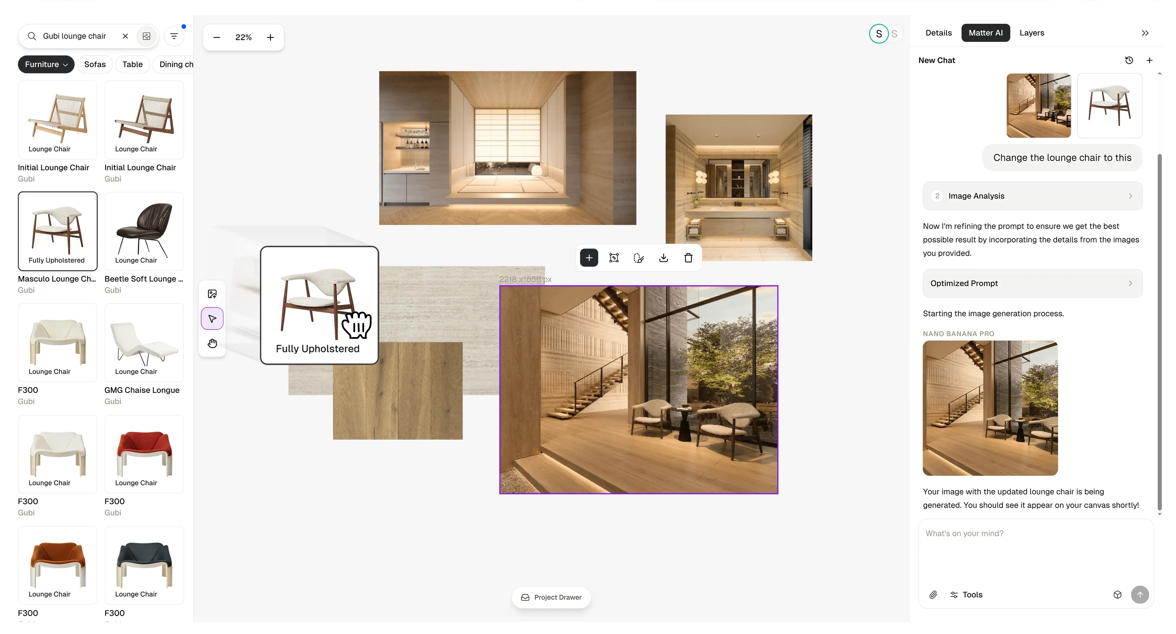 Drag and drop product library interface in Paper for adding furniture to renders